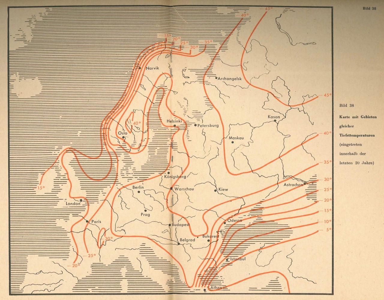Europa-Karte mit Gebieten gleicher Tiefsttemperaturen, eingetreten innerhalb der letzten 20 Jahre (Ausgabe 1942)